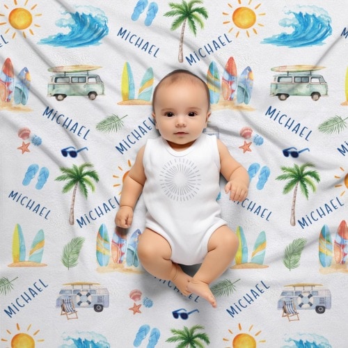 Personalized surfing theme blanket, surfer baby blanket, Surfing blanket, Ocean Wave Name Baby Blanket, Newborn Baby Gift, Baby Shower Gift