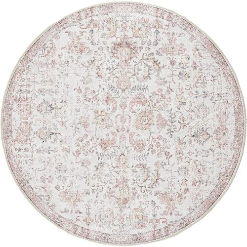 jinchan Round Rug 4ft Area Rug Washable Vintage Indoor Retro Accent Entryway Floor Cover Distressed Floral 4' Round Circle Boho Non Slip Thin Carpet for Kitchen Bedroom Living Room Dining Room Red