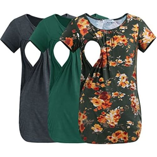 Smallshow Women's Nursing Tops Ruched Short Sleeve Breastfeeding Shirts 3-Pack