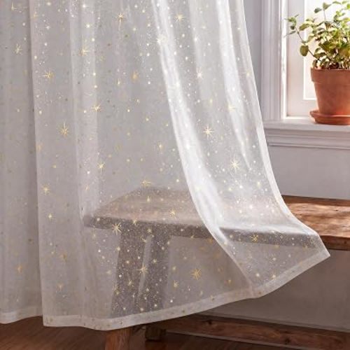 Horaldaily 2Pcs White Sheer Curtains for Window 52x84in, Gold Sequin Star