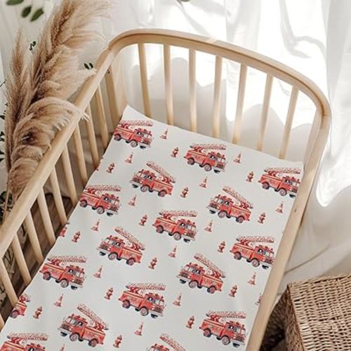 Cartoon Firetrucks Baby Crib Sheets for Boy Girl 52x28x9 in Soft Comfortable Cute Firetruck Rescue Car Fitted Crib Sheet Fits Standard Cribs and Toddler Mattresses Baby Mattress Sheets Truck One Size