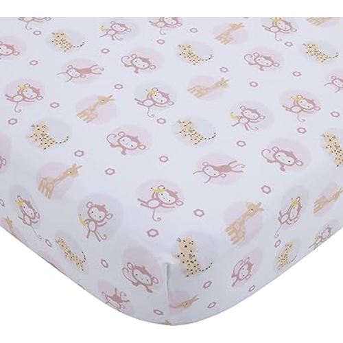 Little Love by NoJo Sweet Jungle Friends Pink, White and Tan, Monkey, Cheetah and Giraffe Super Soft Fitted Crib Sheet