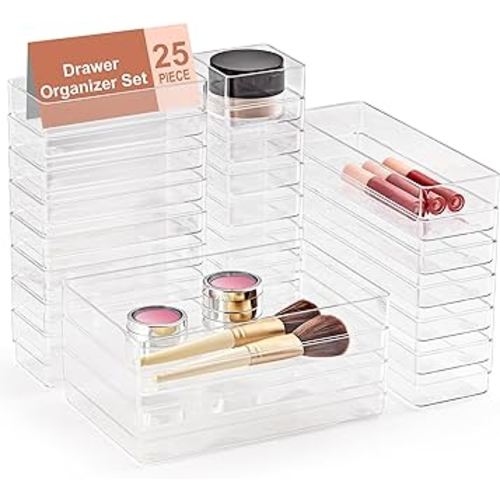 SMARTAKE 25-Piece Drawer Organizer with Non-Slip Silicone Pads, 4-Size Desk Drawer Organizer Trays Storage Tray for Makeup, Jewelries, Utensils in Bedroom Dresser, Office and Kitchen (Clear)