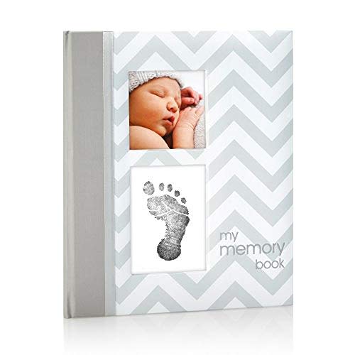 Pearhead First 5 Years Chevron Baby Memory Book, Clean-Touch Safe Ink Pad for Baby’s Handprint or Footprint, Gender Neutral Milestone And Pregnancy Gray