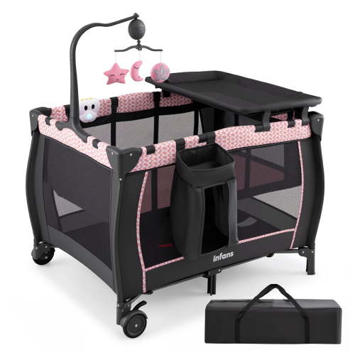 INFANS 3 in 1 Pack and Play, Portable Travel Baby Crib Bassinet with Detachable Mattress, Newborn Changing Table, Foldable Playpen with Carry Bag and 2 Wheels