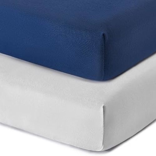 Mini Crib Fitted Sheets 2 Pack - Soft Jersey Knit Microfiber Playpen Bedding Sheet for Baby, Portable Mini Pack n Play Sheet, Machine Washable, 38'' x 24'',Light Gray & Navy Blue