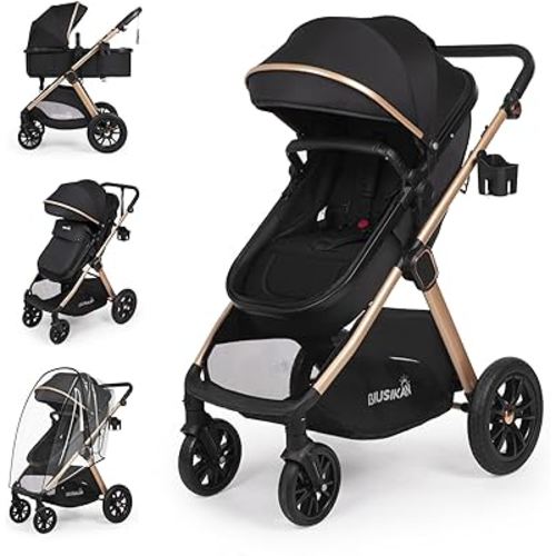 6-in-1 Convertible Baby Stroller with Bassinet Mode - Toddler Stroller w/Footmuff, Rain Cover, Cup Holder & Large Storage, Newborn w/All-Scene Large Wheels, Reversible Seat(Black)