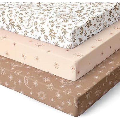Pack and Play Sheets Fitted 3 Pack, Mini Crib Sheets for Pack N Play Mattress Stretchy Portable Playard Sheets, Soft Breathable Pink White Moon