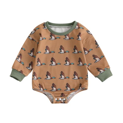 Hunting Baby Clothes Newborn Boy Girl Mallard Duck Sweatshirt Romper Long Sleeve Bubble Romper Bodysuit Fall Outfits (Khaki, 0-3 Months)