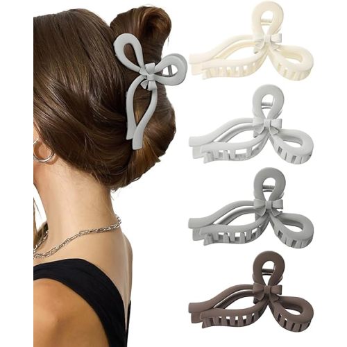 4 PCS Bow Hair Clips for Women Bow Claw Clip 5" Large Hair Claw Clips for Thick and Long Hair Cute Bows Jaw Clip (Gray + Light Gray + Beige + Dark Brown)