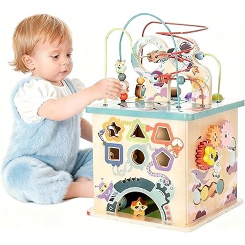 Pre-Assembled 5 in 1 Wooden Activity Cube. Educational Learning Toy for Kids with Bead Maze, Shape Sorter and Music Gears. for Toddlers 18 Month+. Birthday Gifts for Boys and Girls