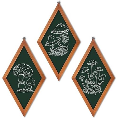 3 Pcs Mushroom Art Wall Decor 70s Home Vintage Aesthetic Boho Farmhouse Whimsical Home Decor Wood Diamond Frame Flower Hanging Wall Frame for Apartment Bedroom Office(Dark Green, Mushroom)