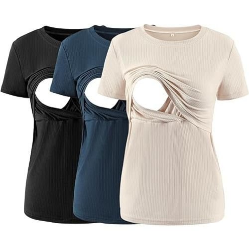 Liu & Qu Women's Maternity Nursing Tops Rib Short Sleeve Breastfeeding Shirts Maternity Clothes 3-Pack