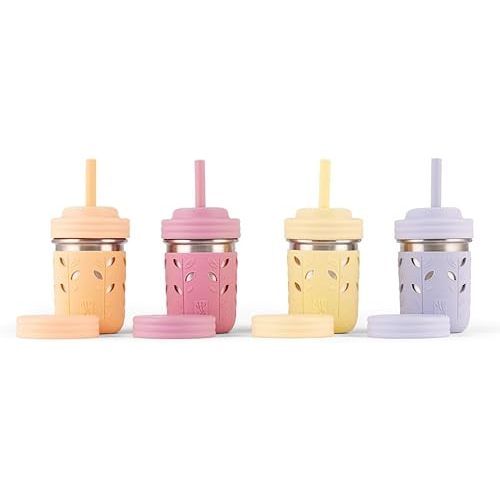 Elk and Friends Stainless Steel Cups | 10 oz Mason Jar design | Kids & Toddler Cups with Silicone Sleeves & Straws with Stopper | Smoothie Cups
