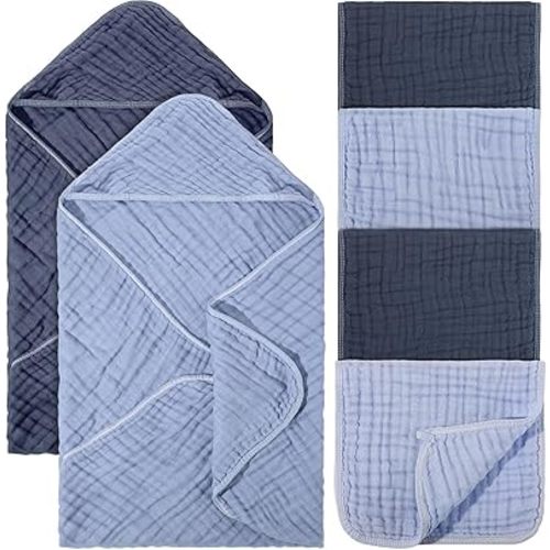 6 Pcs Baby Muslin Hooded Bath Towels and Washcloths, 32 x 32 Inch Muslin Cotton Hooded Baby Towels Absorbent Hooded Blankets for Gift Newborn Infant Baby Shower (Dark Blue,Light Blue)
