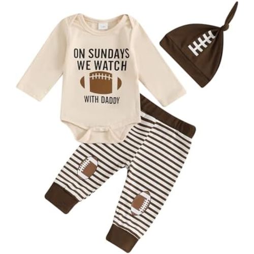 Karuedoo Newborn Baby Boy Football Outfit On Sundays We Watch Football with Daddy Romper Striped Pants Hat 3Pcs Outfits Set