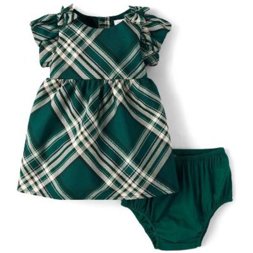 The Children's Place Baby Girls Matching Family Christmas Short Flutter Sleeve Bow Plaid Satin Fit And Flare Dress Green 6-9 M