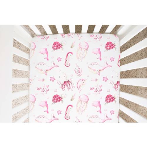 Girl Under The Sea Nursery, Under The Sea Crib Sheet, Ocean Crib Bedding, Pink Sea Animals Crib Sheet, Newborn Gift, Marine Crib Sheet - PiO