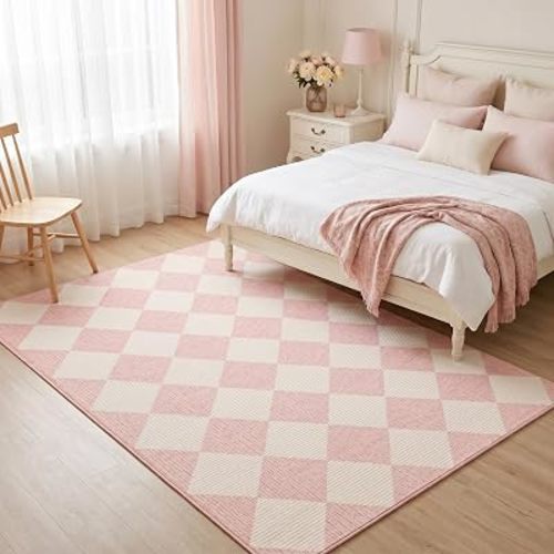 GarveeHome 6x9 Checkered Area Rug Modern Pink Washable Girls Bedroom Rug