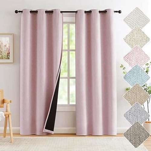 Treatmentex Pink Curtains Blackout 95 Inches Long for Living Room Bedroom Girls Nursery, Grommet Burlap Linen Room Darkening Drapes (40x95 inch, Baby Pink, 2 Panels)