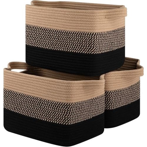 Storage Basket for Organizing, Woven Baskets for Storage, Rectangle Decorative Baskets for Shleves, Closet, Toys, Books, Nursery Organizer Bins - Pack of 3 (Black & Brown)