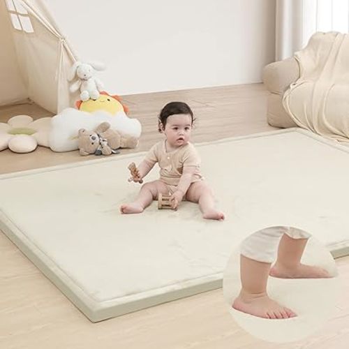 Extra Large 79"x118" Baby Activity Play Mat for Floor, 1.3" Thick Elasti Foam for Tummy Time & Crawling, Non-Slip Nursery Rug for Infants, Toddlers & Kids, Tatami Style Mat for Yoga, Living Room, Classroom & Playroom(Cream)