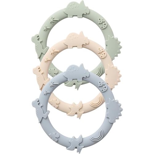 Silicone Teethers for Babies 0-6 6-12 Months Teething Toys for Infants Baby Chew Toys for Sucking Needs Baby Teething Rings for Infant Boys and Girls 3 Pack-Dinosaur-Baby Blue