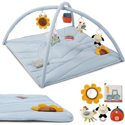 Beautiful Baby Play Gym and Tummy Time Mat - Soft Mat with 5 Farm Toys Creates The Perfect Activity Area for Your Girl/Boy - Stylish Infant Floor Playmat Fits Nicely with Any Playroom Decor