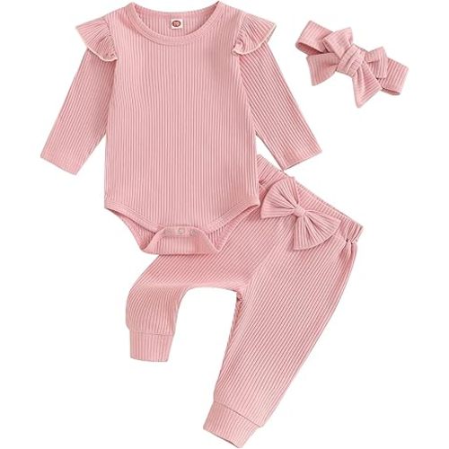 Newborn Baby Girl Clothes Fall Winter Ribbed Knit Outfit Long Sleeve Romper Bodysuit Bow Pants Headband Set - 0-3 Months - Pink