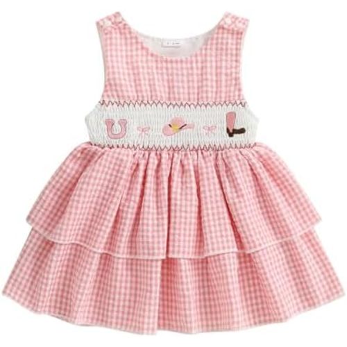 Yoskog Toddler Girls Plaid Dress, Smocked Embroidered Sundress, Tiered Ruffle Skirt, Sleeveless Summer Casual Wear
