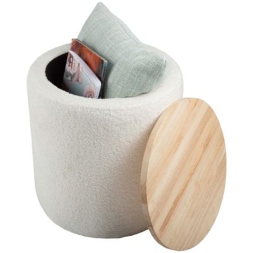Lavish Home Teddy Fabric Upholstered Storage Ottoman with Wood Top, Mid-Century Ottoman for Living Room, Dorm, or Apartment, Cream