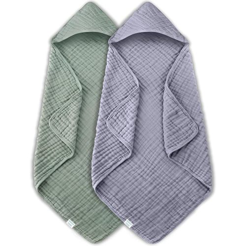 MOON PARK 2 Pack Muslin Hooded Baby Bath Towels for Newborns, Infants, Toddlers - 100% Cotton - Large 32x32Inch Size - Highly Absorbent and Essential, Green and Grey