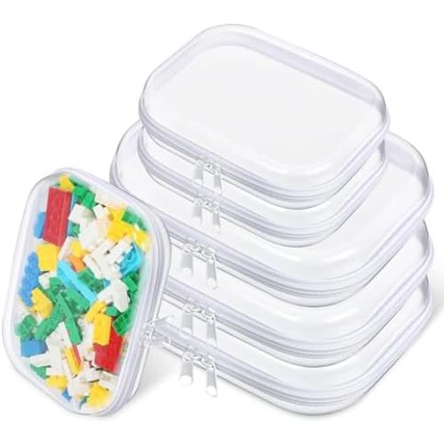 6 Pcs Clear Hard Zipper Case Hard-Sided Premium Storage Case Plastic Clear Hard Shell Zipper Pouch Portable Travel Organizer Box for Building Blocks Puzzles Cosmetics Makeup Pencil (White)