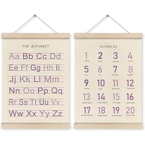 HRQKO Alphabet Numbers Poster Hanger Frame Set of 2, Girls Nursery Wall Decor, Boho ABC Poster Wall Art with Wooden Frames, Purple Alphabet Banner Wall Hanging Decor for Toddler Playroom, 12x16 Inch