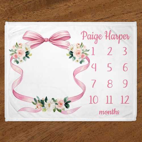 Pink Bow Milestone Blanket, Blush Pink Floral Roses Blanket, Personalized Baby Girl Monthly Blanket, Ribbon  Blanket, Baby Shower Gift B1759