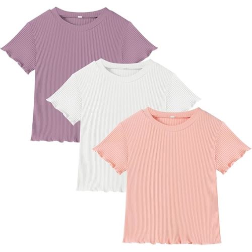 3 Pack Toddler Girl T-Shirts Ruffle Short Sleeve Baby Girls Top Basic Solid Ribbed Knite Casual Tees for Little Kid