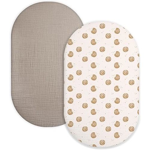 Bassinet Sheet for Baby Boy and Girl 2 Pack, Fitted Sheets for Rectangle, Oval, Hourglass Bassinet Mattress, Muslin Moses Basket Sheets with Neutral Style(Cookie & Light Khaki)