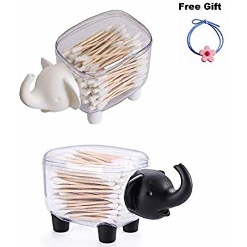 Agirlvct Cotton Ball Holder and Swab Holder Canister Jar, Modern Qtip Toothpick Dispenser Apothecary Organizer with Lids for Girl Cosmetics Bathroom Bedroom 2 Pack (Elephant)