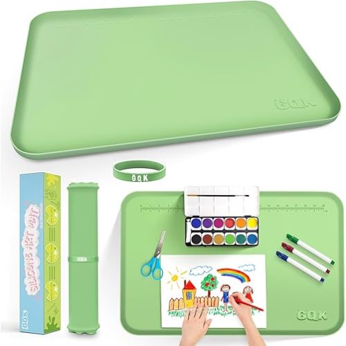 Silicone Art Mat for Crafts, 24" x 16" Painting Mat for Kids with Raised Sides to Stay Tidy, Paint Craft Mats for Clay, Resin, Slime, Jewelry-Making & Crafts Creation (Green)