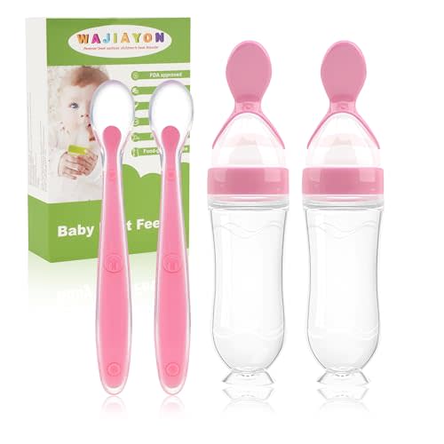 WAJIAYON Baby Food Feeder 4 Pack Silicone Baby Food Dispensing Spoon-3 oz Squeeze Feeding Spoons with Suction Cup for Boys Girl Kids Toddlers - Self Feeding Bottle Spoon-Pink