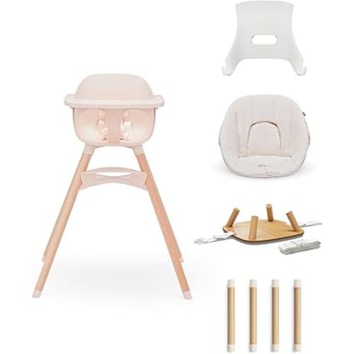 Lalo The 3-in-1 High Chair Kit - Convertible Wooden High Chair for Babies & Toddlers with Infant Support, Cushion, Booster Conversion Kit & Play Legs, Adjustable Footrest - Grapefruit