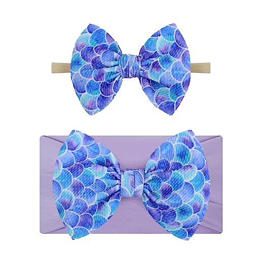 ONENINEDREAM 4.5'' Baby Bows Handmade Headbands 6'' Printed Tied Bow Elastic Nylon Hair Accessories for Baby Girls Newborn Infant 2 Pcs mermaid