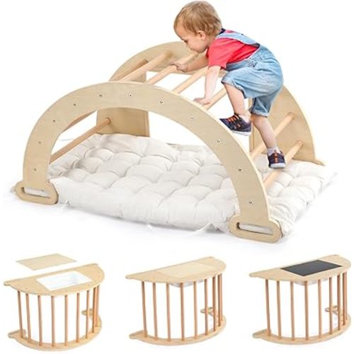 JOYMOR 5-in-1 Pikler Triangle Climber Arch Rocker with Cushion Sensory Table Set for Kids, Montessori Wooden Climbing Toys for Toddlers Inside with Collapsible Storage Basin & Blackboard