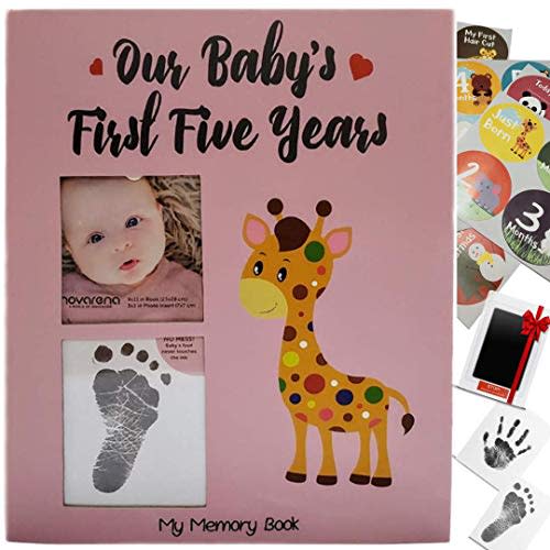 Novarena First 5 Years Baby Memory Book Journal Scrapbook 48 Pack Monthly Milestones Stickers & Clean-Touch Baby Safe Ink Pad