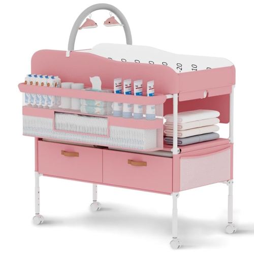 Diaper Changing Station, Portable Changing Table for Baby, Diaper Changing Table with Storage Drawers, Waterproof Baby Changing Station with Wheels and Adjustable Height for Newborn Infant (Pink)