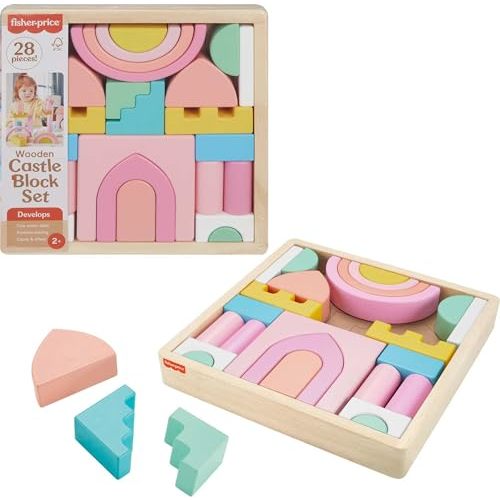 Fisher-Price Wood Toddler Toy Castle Block Set, 28 Wooden Pieces for Stacking Developmental Play Preschool Kids Ages 2+ Years