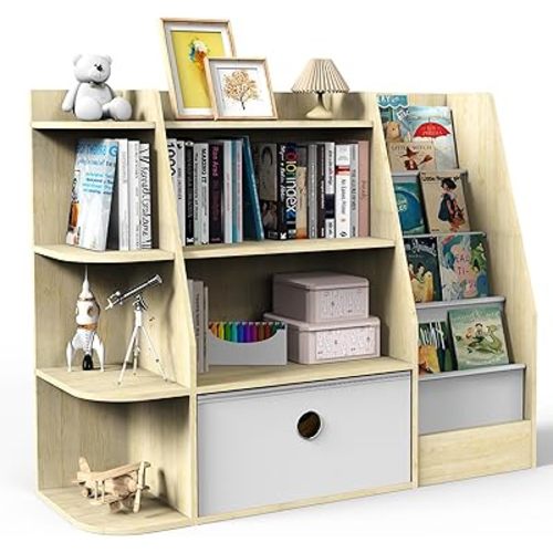 Kids Bookcase and Toy Storage,4 Tier Wooden Bookshelf,Large Toddler Bookshelf with Drawers,Open Bookcase & Storage Organizer Boxes for Nursery,Playroom, Bedroom.
