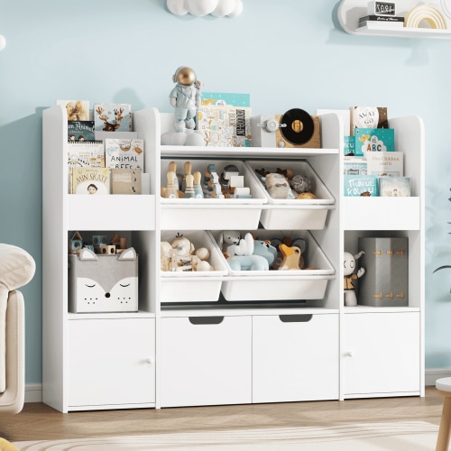 Hiphuta Kids Bookcase Toy Storage Organizer, Wooden Toy Organizer of 4 Bins& 2 Removable Drawers for Home Bedroom, Kids Bookshelf Toy Box with Book Rack, White