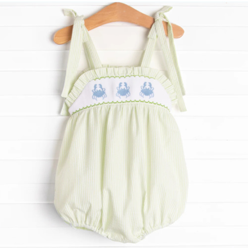 Seaside Shuffle Smocked Bubble, Green Seersucker – Stitchy Fish