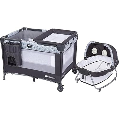 Baby Trend Nursery Den Playard with with Rocking Cradle, Snooze Pod, Flip Over Changer, Pebble Stone Grey